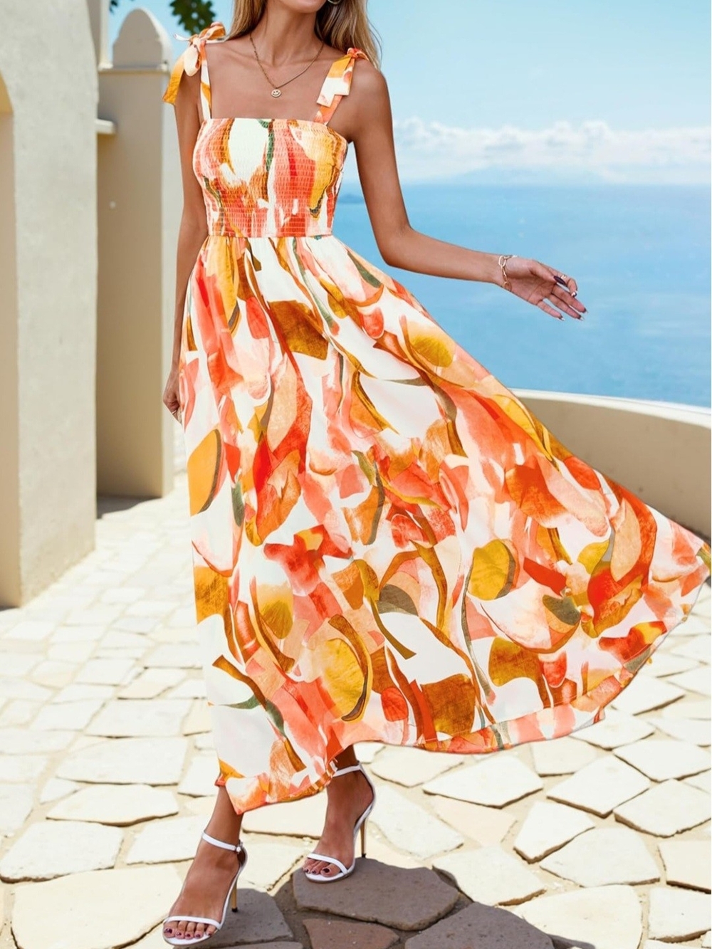 Tie-Shoulder Abstract Maxi Dress in Orange & Yellow